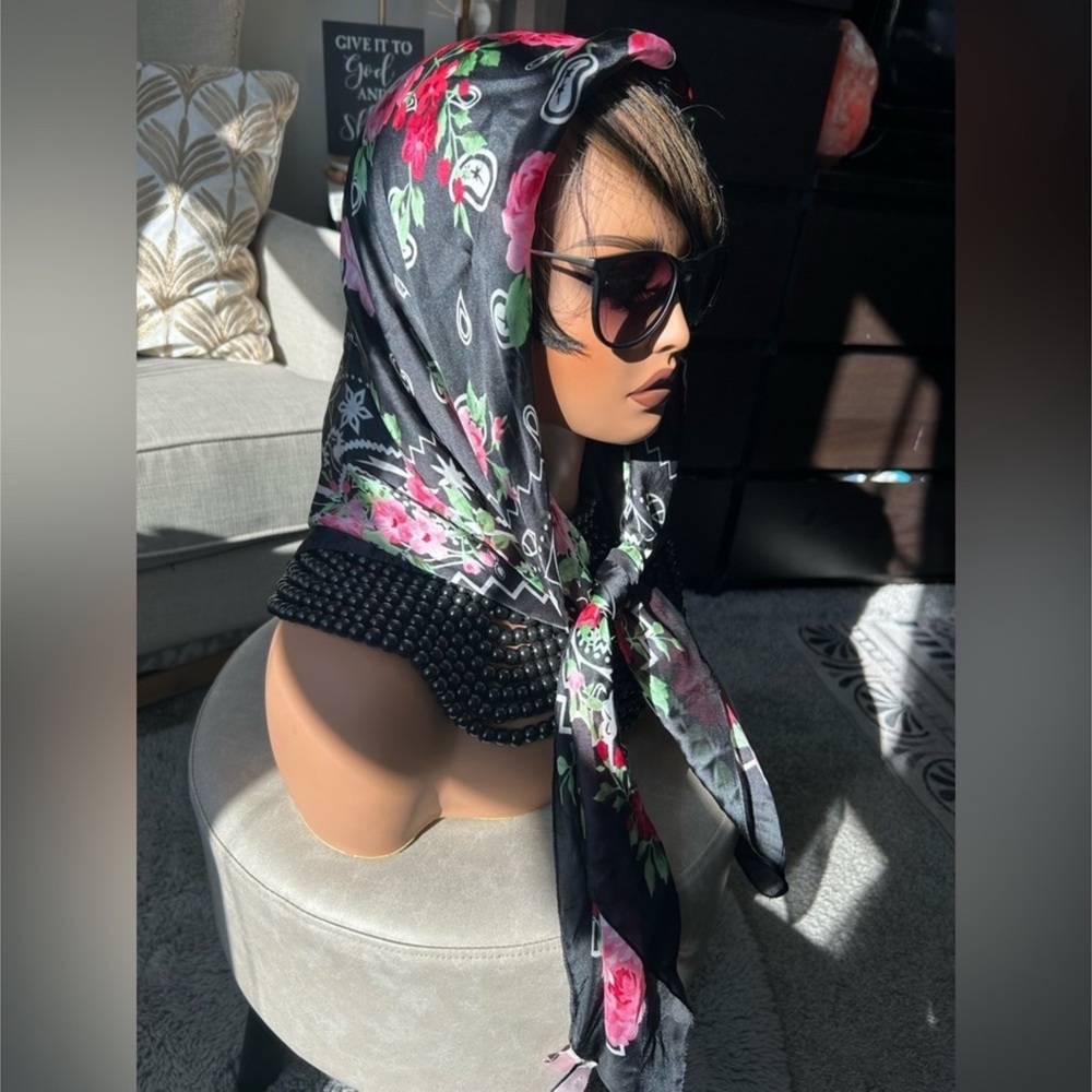 ✨ Juicy Couture Black Floral Silk Head Scarf with Pink & Green Accents